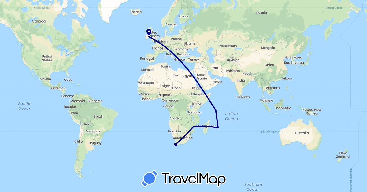TravelMap itinerary: driving in Ireland, Madagascar, Mauritius, Mozambique, Seychelles, South Africa (Africa, Europe)